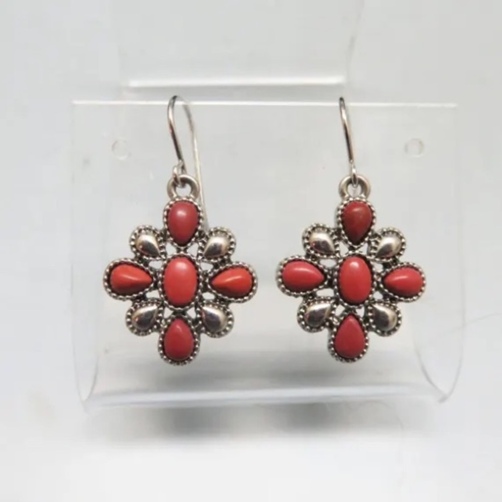 Chaps Silver and Coral Floral Earrings